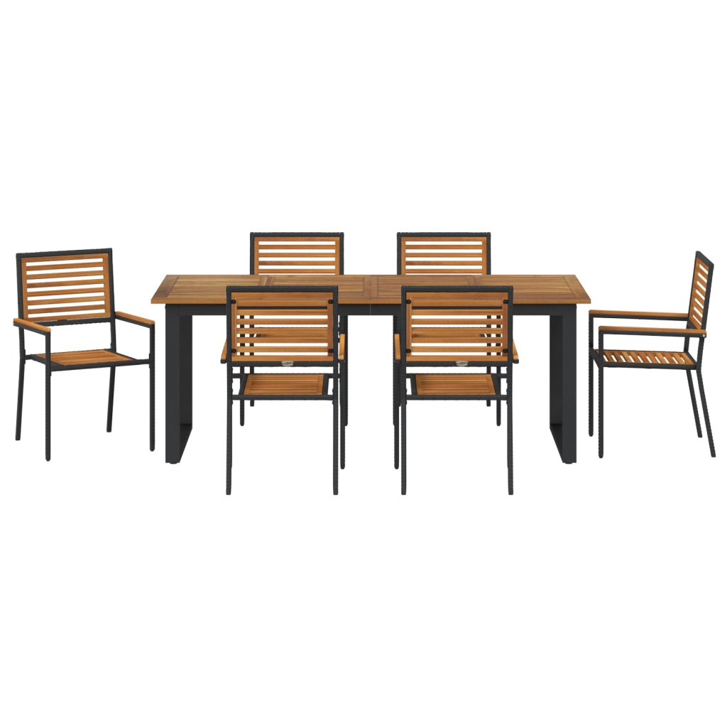 Set da Pranzo da Giardino da 7 Pezzi in Rattan Poliestere Nero e Acacia
