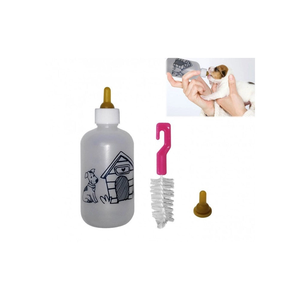 Trade Shop - Biberon Per Cuccioli Cane E Gatto 120ml Con Doppia Tettarella E Spazzola Pulizia -
