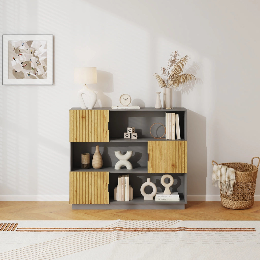 Libreria Bassa Verhundar Scaffale a 3 Livelli con Vani Aperti e Chiusi con Ante 102x120x30 cm Grigio / color Legno [en.casa]