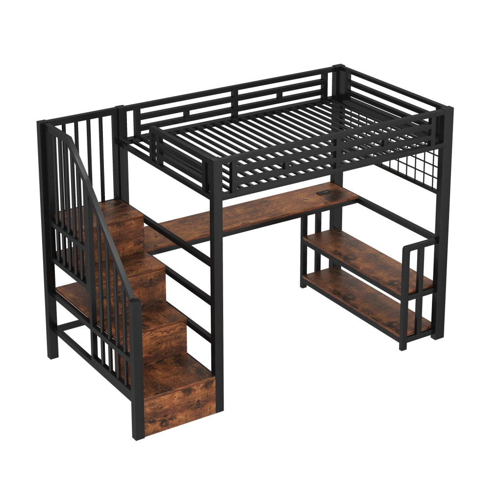 Letto a soppalco singolo 90×200 cm con LED; scrivania; ripiani; USB e Type-C; senza materasso; nero