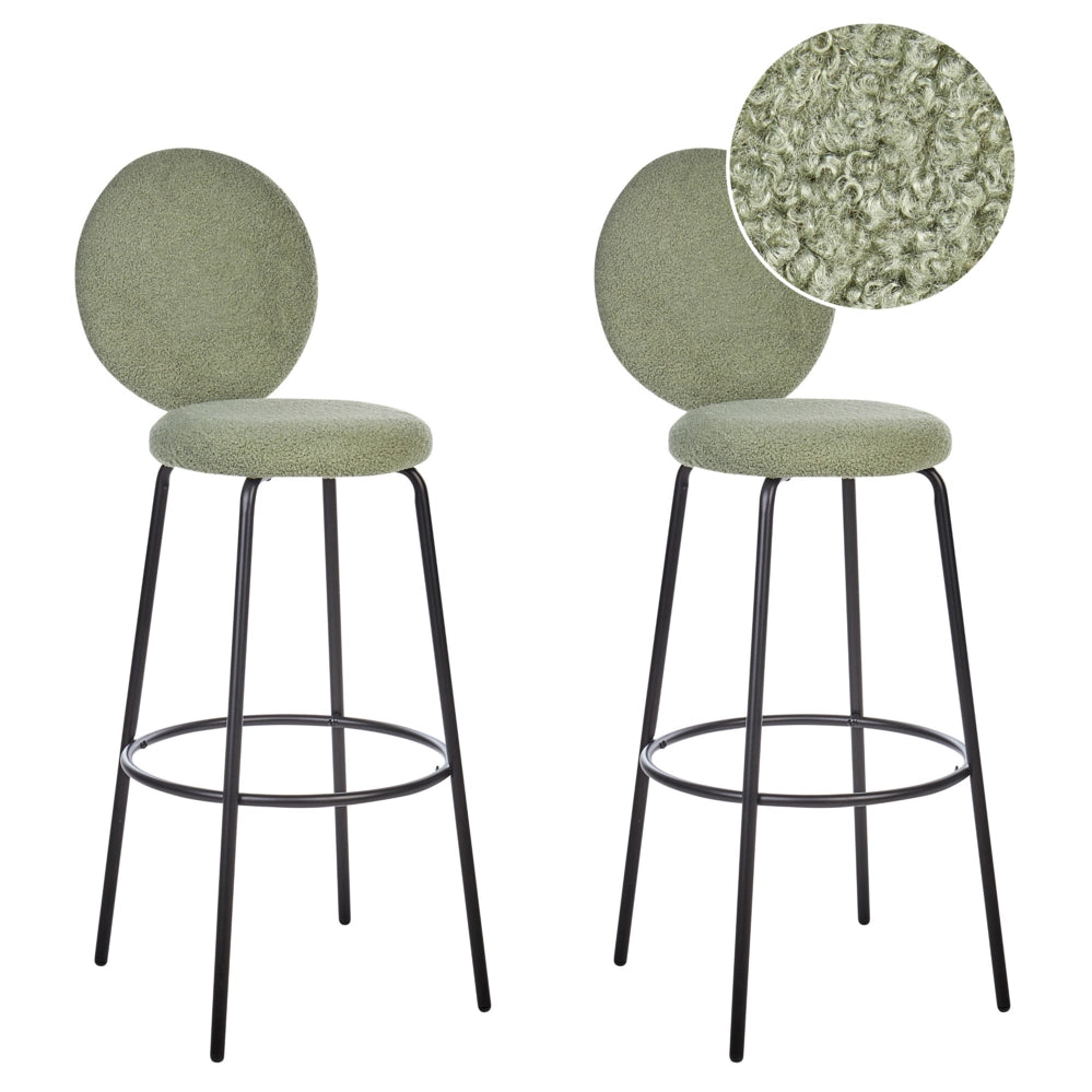 Set di 2 sedie da bar bouclé verde chiaro con gambe in acciaio e schienale rotondo soggiorno salotto