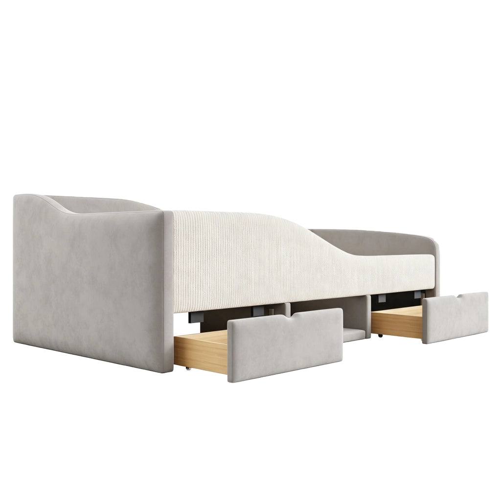Letto bambino 90×190 cm con 2 cassetti; sponde imbottite e ripiani; rete inclusa; senza materasso; velluto; grigio