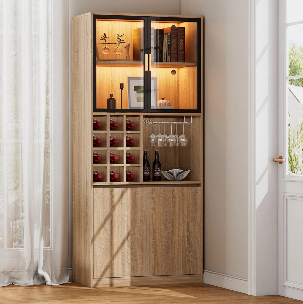 Mobile contenitore con ante in vetro e illuminazione LED 180 cm; in MDF naturale