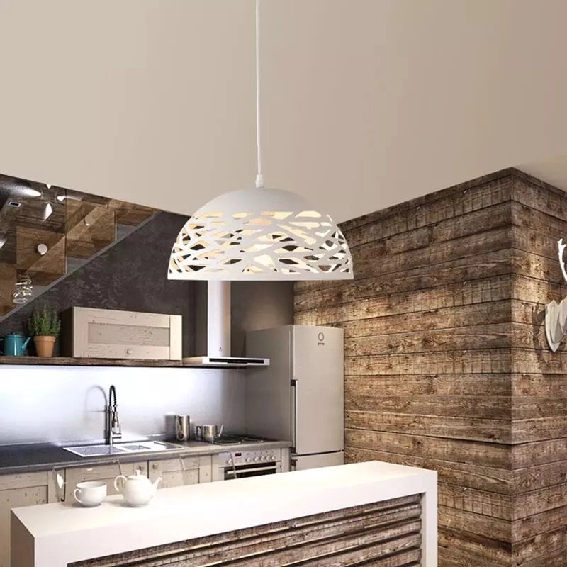 Lampadario sospeso a campana cupola luce led E27 in metallo nero bianco moderno
