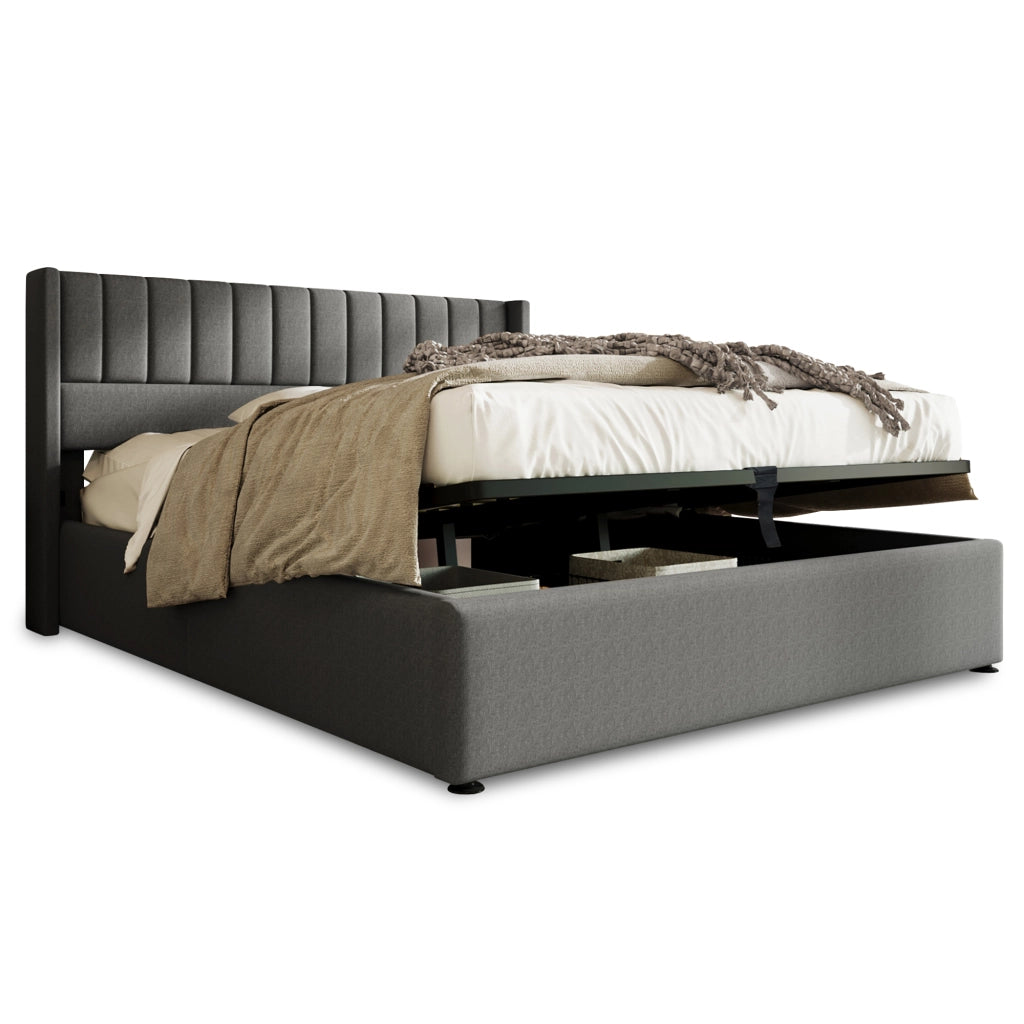 Letti contenitori 180x200 cm; idraulico con testiera imbottita; legno e lino; grigio (Senza materasso)