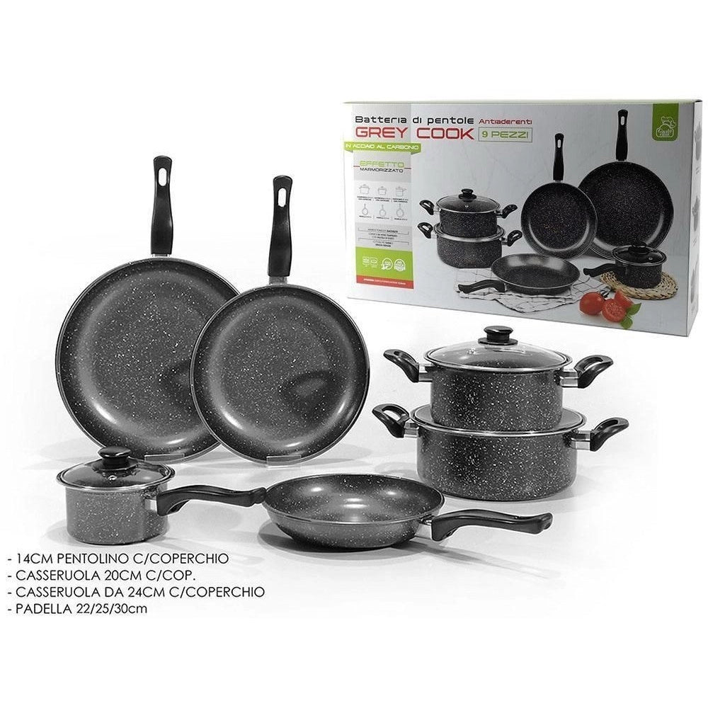 Trade Shop - Set Batteria Pentole Padelle 9pz Antiaderenti In Acciaio Al Carbonio Effetto Marmorizzato -