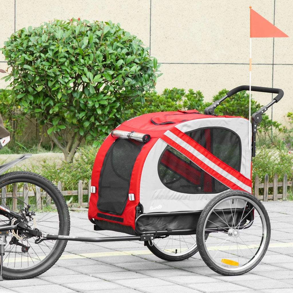 Easycomfort Rimorchio Cani con Ingresso a Cerniera, Ruote e Bandiera, in Acciaio e tessuto Oxford, Rosso Argento Nero