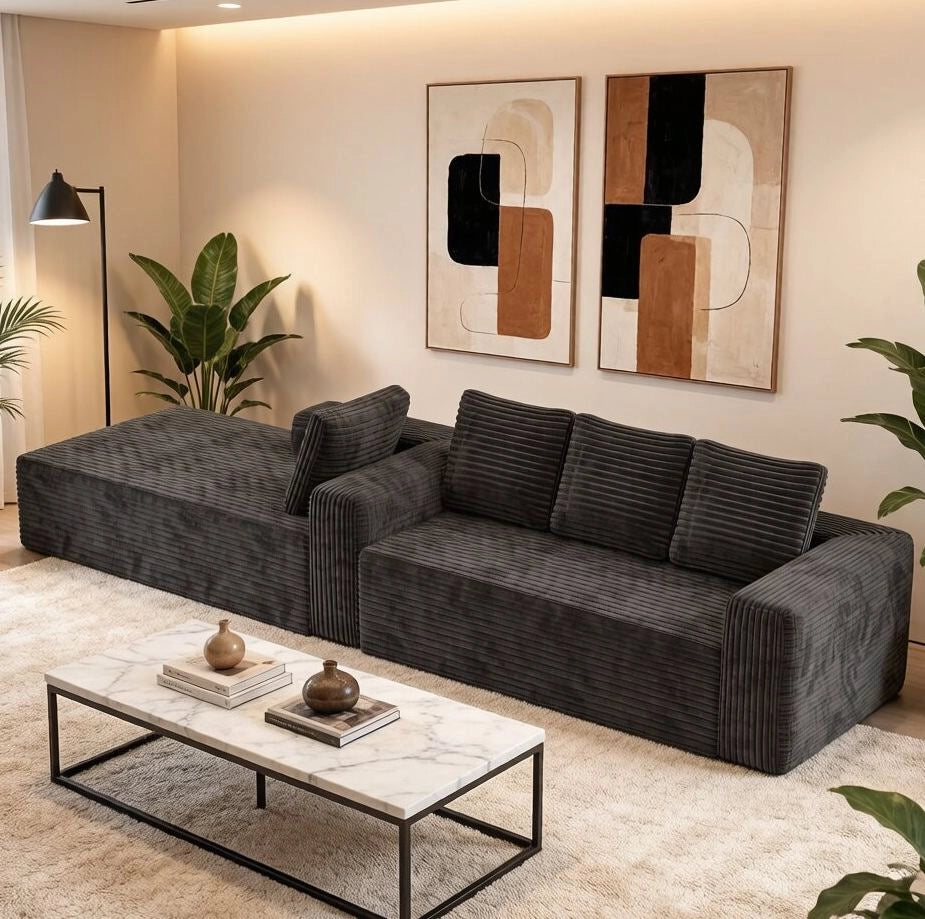 Divano modulare a L con chaise longue reversibile; 2 moduli; velluto a coste grigio