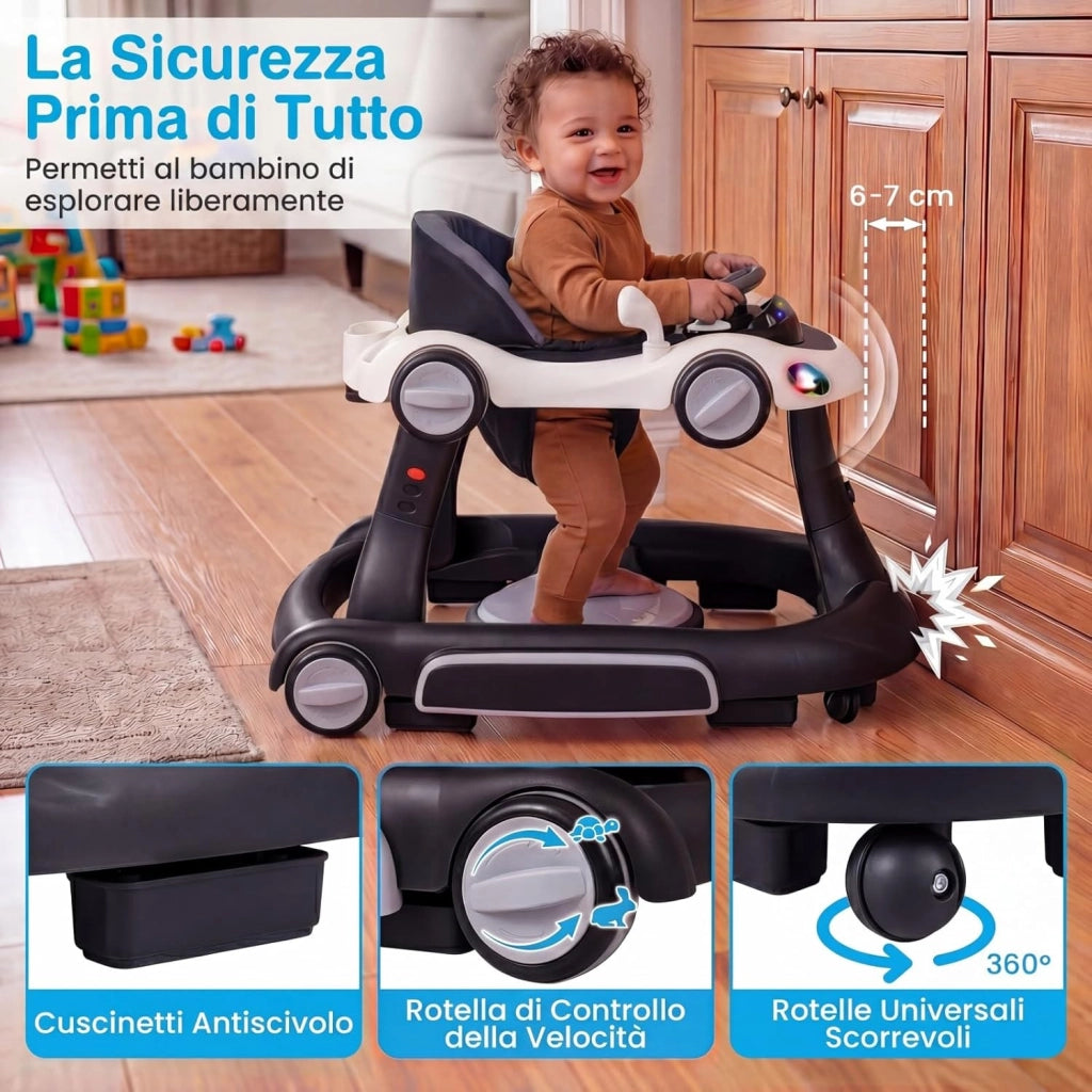 Girello per Bambini 6-in-1 Evolutivo, Centro Attività Pieghevole con Maniglia, Regolazione Altezza/Velocità, con Musica, Luci Tenda, per Neonati 6-18 Mesi (Nero+Bianco)