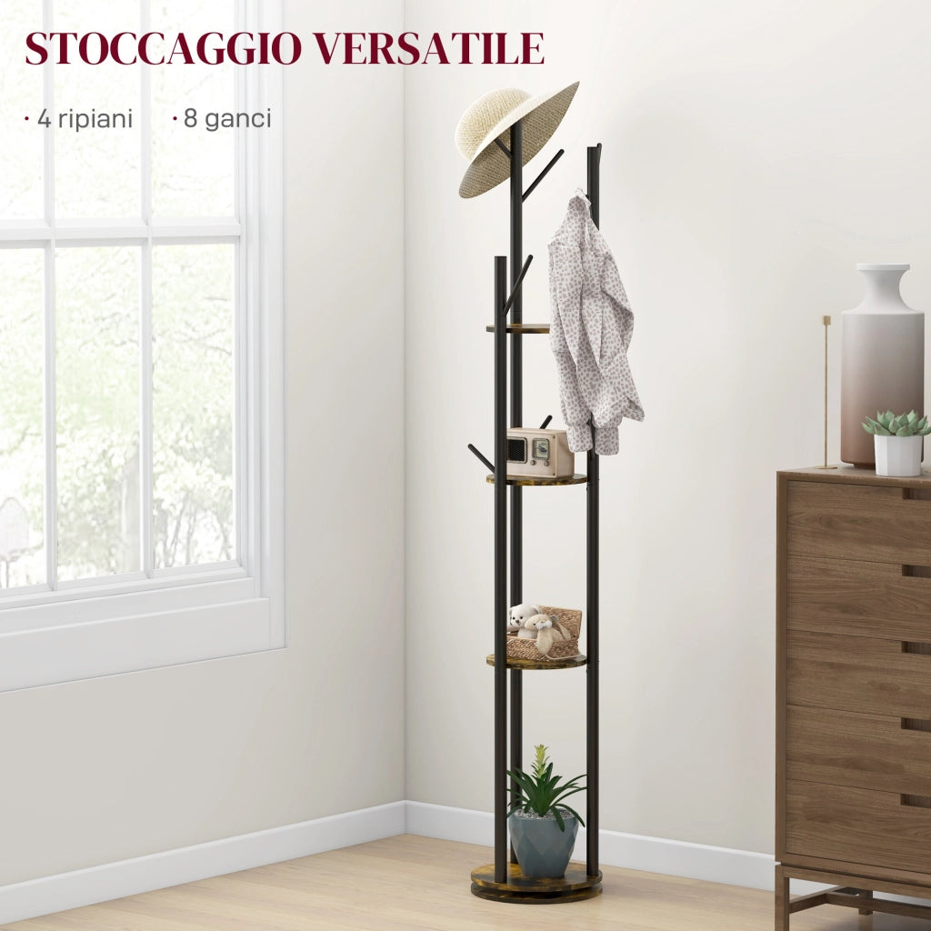 Appendiabiti da Terra Girevole con 8 Ganci e 4 Mensole in Stile Industriale, ?30x175cm, Marrone