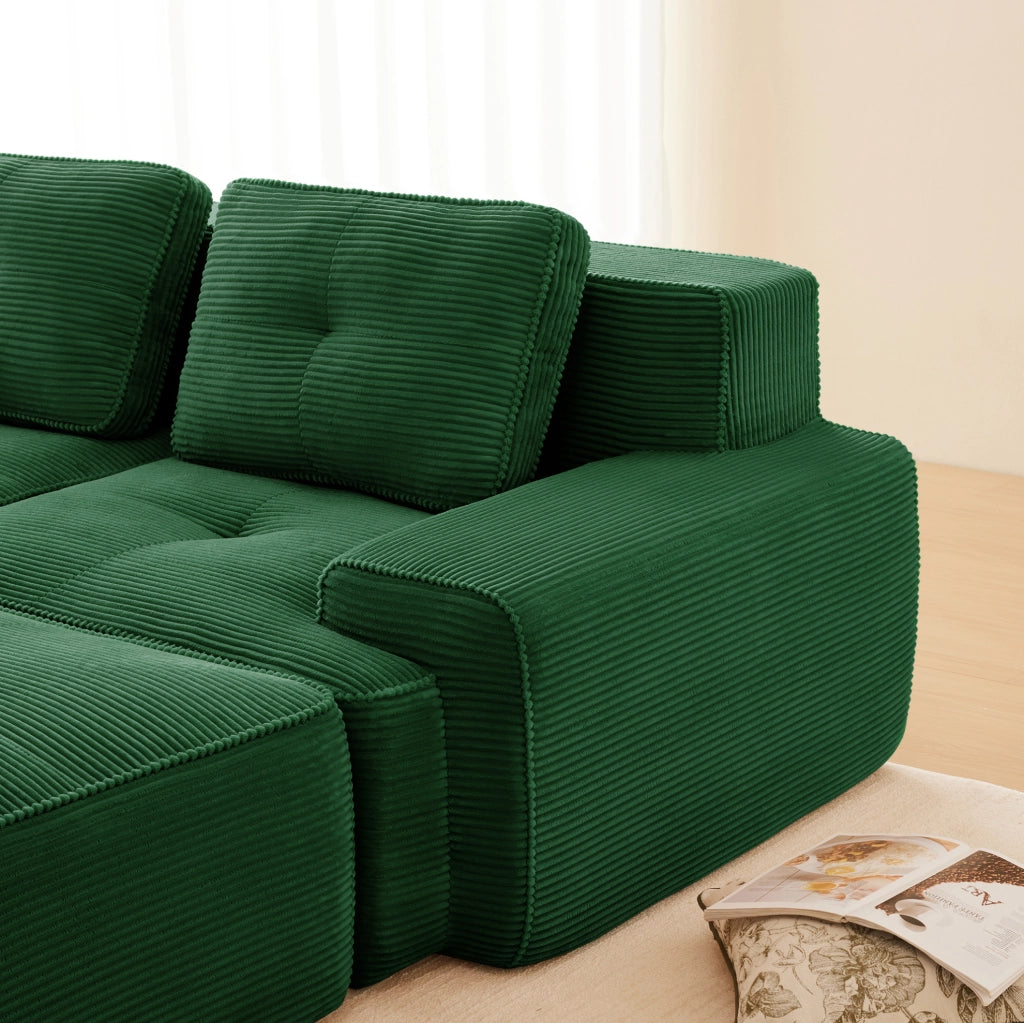 Divano angolare modulare 206x206x69 cm in corduroy verde con base antiscivolo