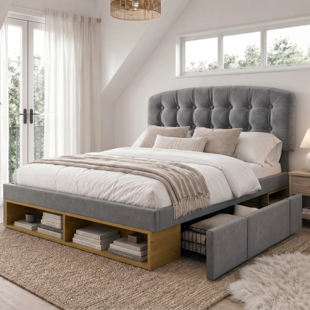 Letto matrimoniale – 140x200 cm – testiera regolabile cassetti – velluto grigio