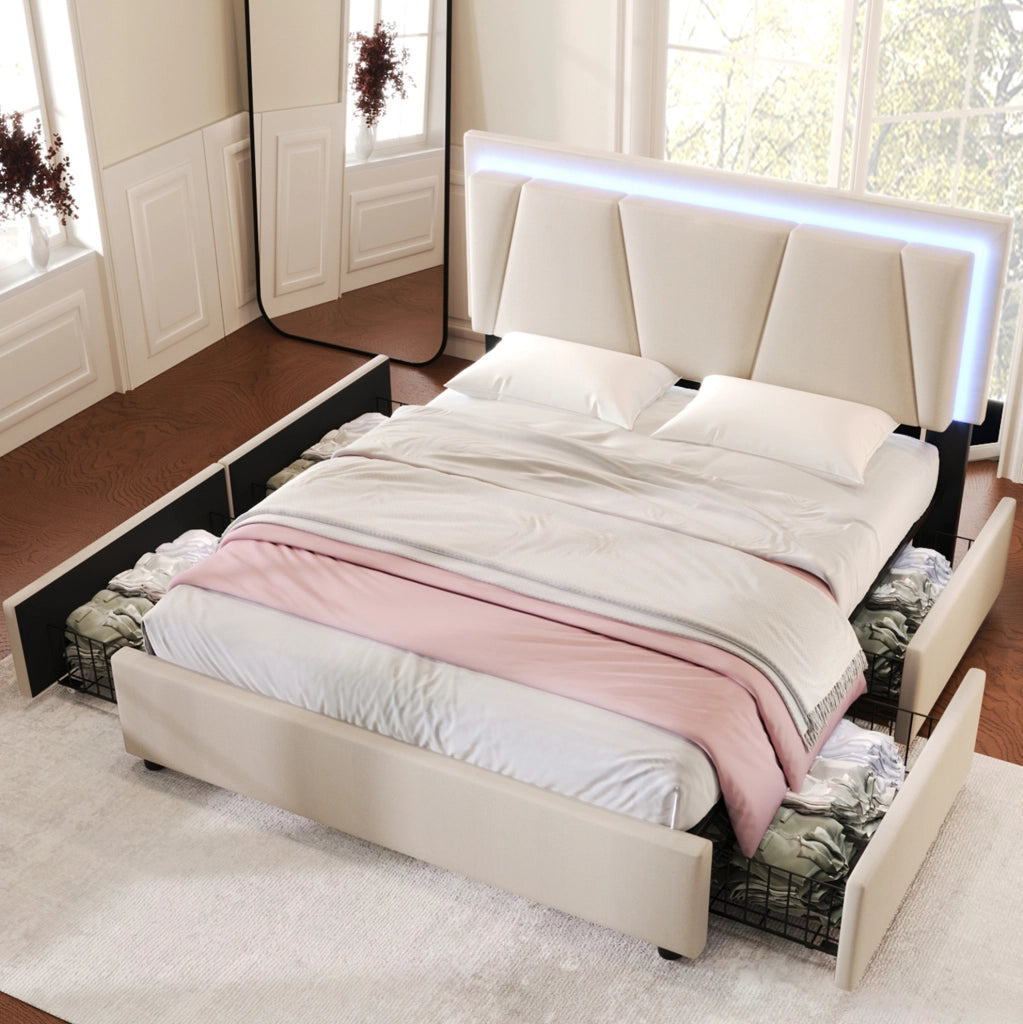 Letto imbottito 140x200 cm beige con LED, 4 cassetti e materasso H3
