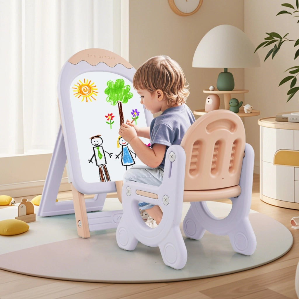 Cavalletto regolabile e pieghevole con lavagna e scatola portaoggetti, Cavalletto da disegno per bambini con sedia Viola