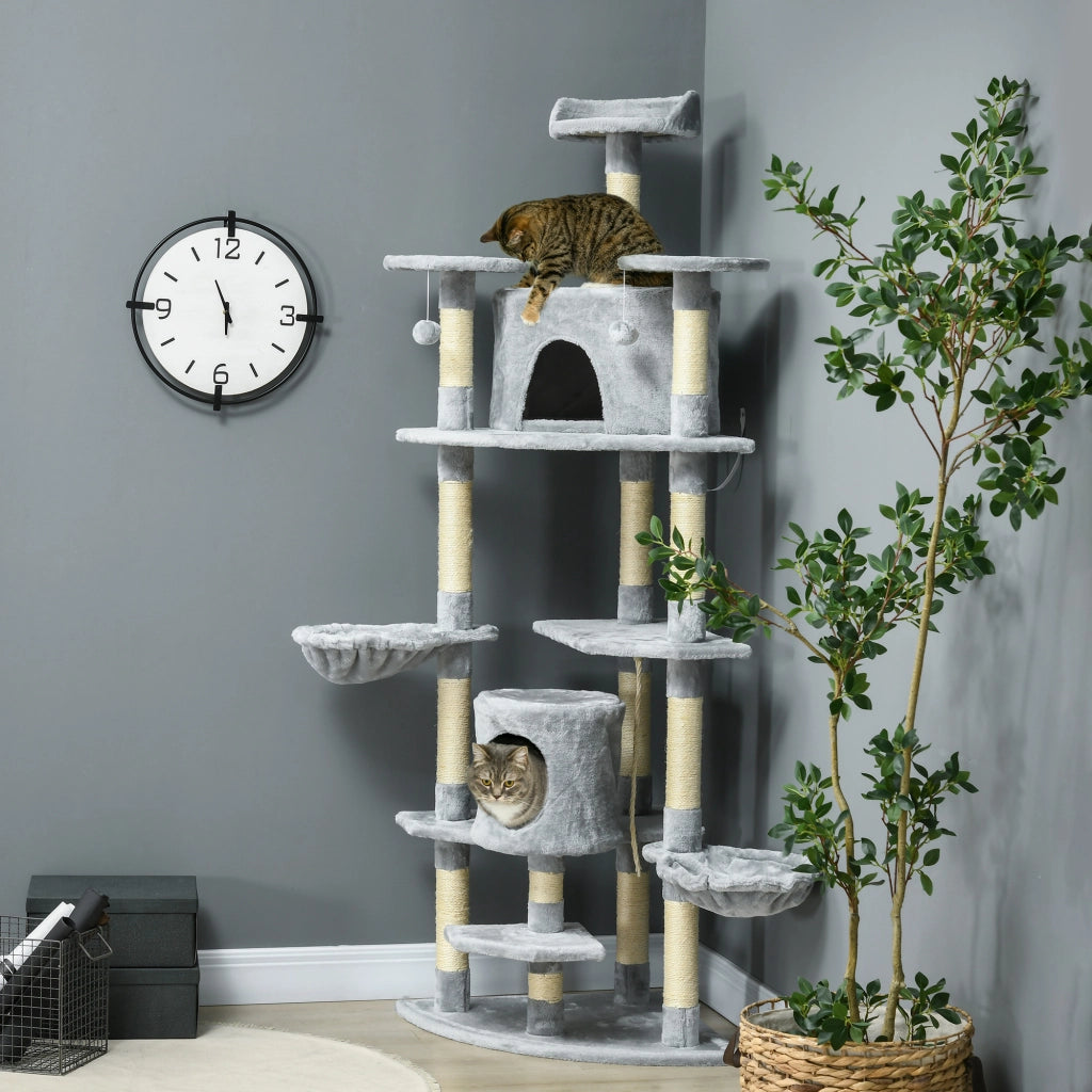 Albero per gatti XXL con 6 piattaforme e 2 nicchie ¨C Zephmum ¨C Grigio 200 cm