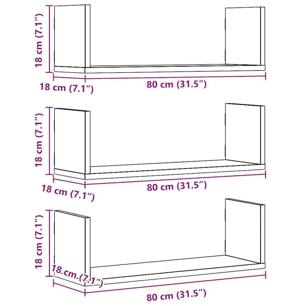 Mensole Parete 3pz Rovere Artigianale 80x18x18 cm in Truciolato 853298