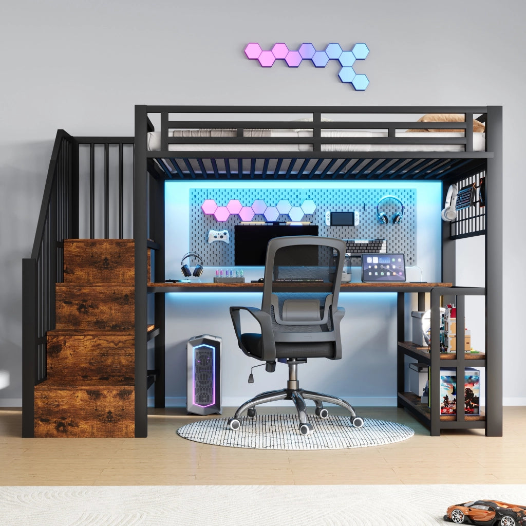 Letto a castello con scrivania LED USB 90x200 metallo nero