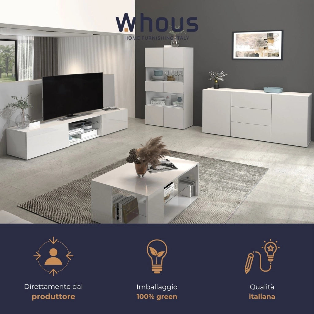 WHOUS Mobile porta tv Egypt a 2 ante e 2 ripiani in vetro bianco lucido 240x38x35 cm