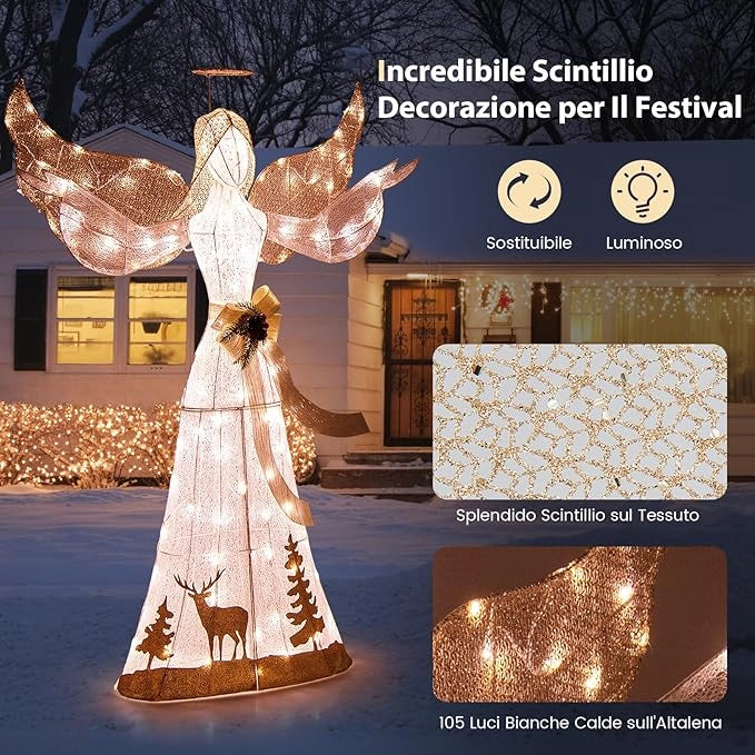 Angelo Natalizio Illuminato da Esterno 150 cm, Angelo 3D con 100 Luci Bianche Calde Pre-Illuminate, Decorazione Natalizia per Giardino, Cortile e Prato