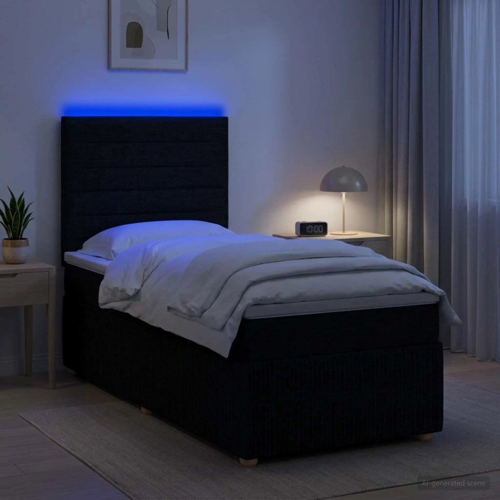 Letto Box Spring LED con Materasso Nero 90 x 200 cm Tessuto 3455764