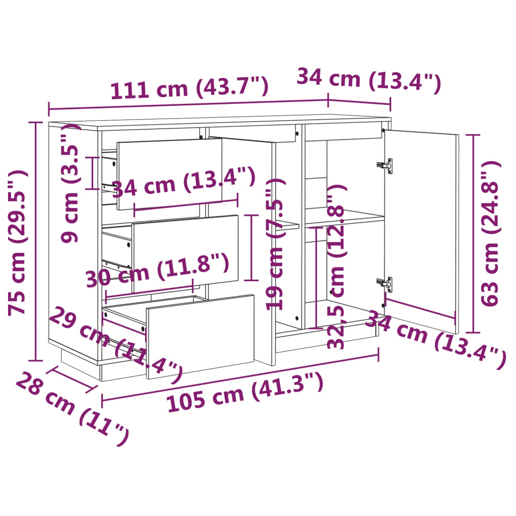 Credenza | Madia | Buffet da pranzo | Armadio da pranzo 111x34x75 cm in Legno Massello di Pino