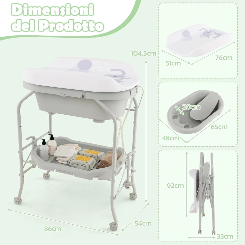 Fasciatoio con Vaschetta Bagnetto 2 in 1, Vasca da Bagno Pieghevole per Bambini, Fasciatoio con Materassino, Cestino Portaoggetti, Ruote con Freno, Portata 35kg+15kg (Grigio Chiaro)
