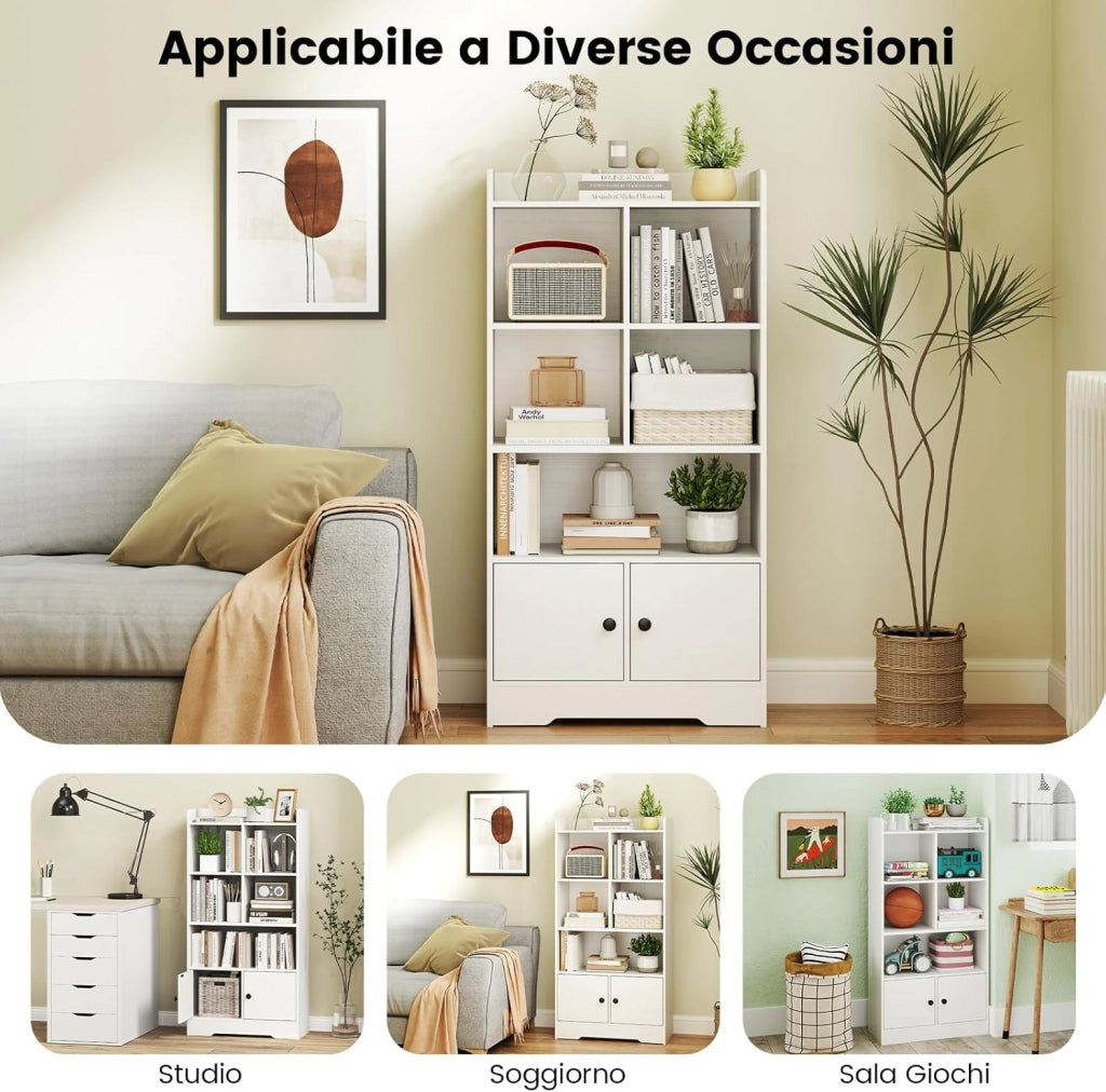 Libreria con Ante, Armadio di Stoccaggio con 5 Scomparti e 2 Armadi, Mobile Espositore Autonoma per Soggiorno Camera da Letto Studio, 60 x 29,5 x 120 cm