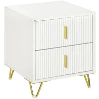 Comodino con 2 Cassetti in Legno con Maniglie e Gambe in Metallo, 40x40x47 cm, Bianco e Oro