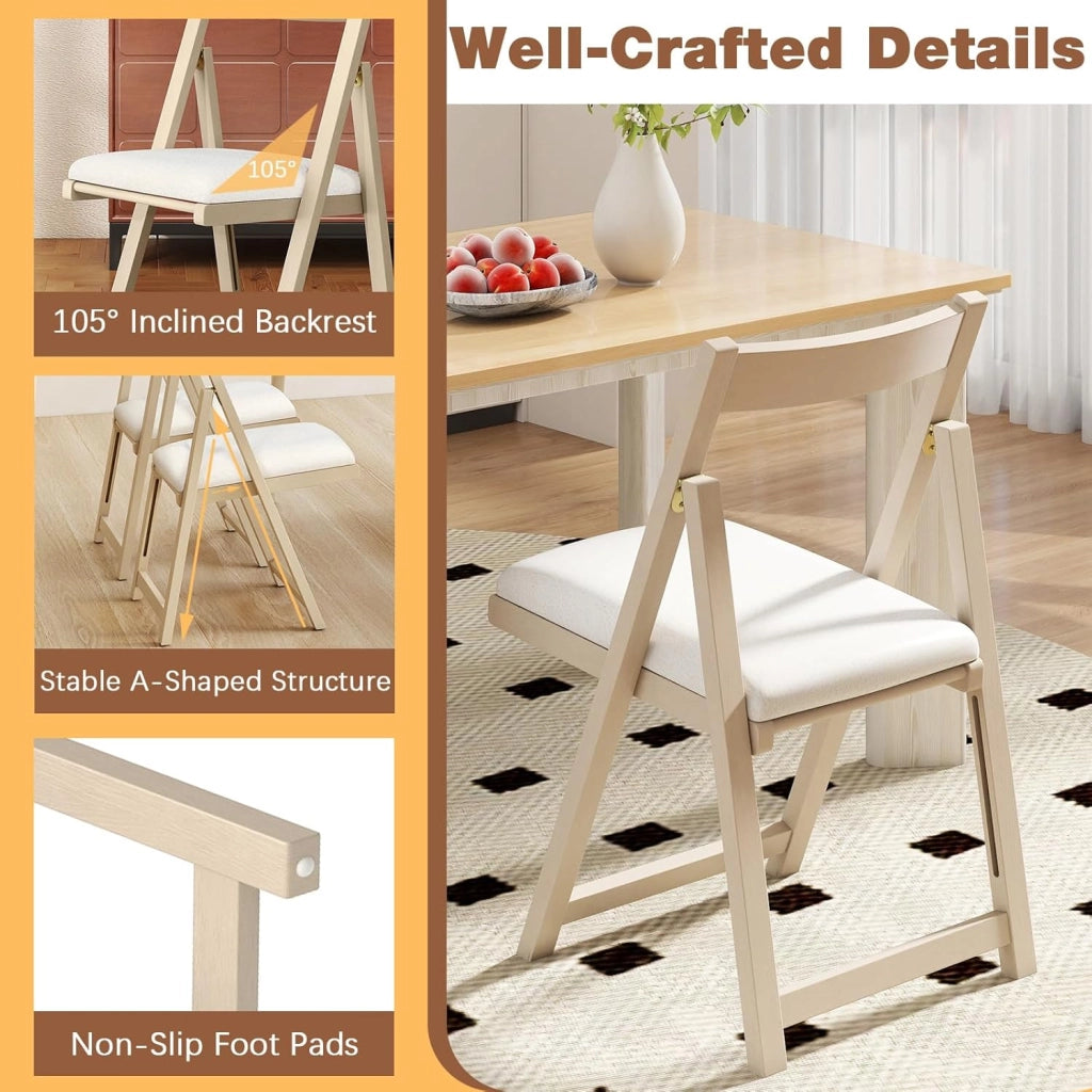 Set di 2 sedie pieghevoli, imbottite, con telaio in legno di gomma e schienale inclinato, per cucina, soggiorno e balcone (beige)