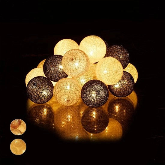 Sfere di illuminazione LED a filo di cotone alimentate a batterie - sfere di illuminazione Ø 6 cm lunghezza del fascio di luce bianco-grigio-nero