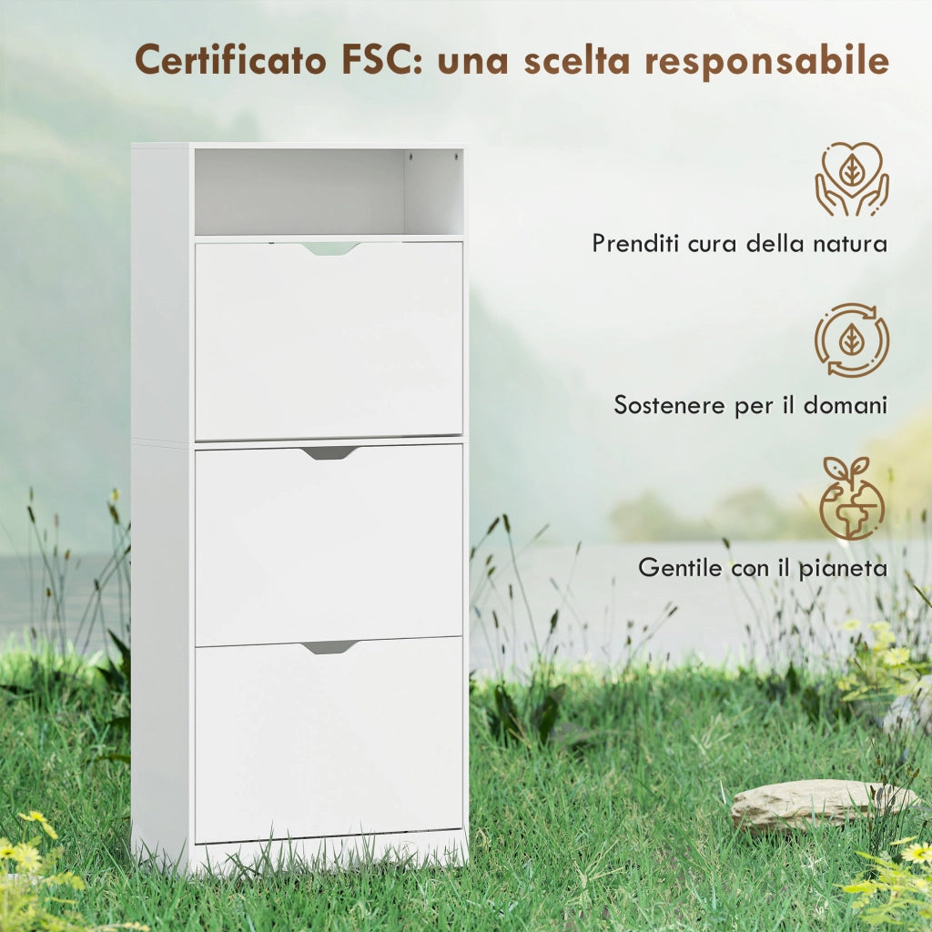 Scarpiera 60x26x140 cm Mobile con 3 Cassetti Ribalta e Ripiani Regolabili in MDF Bianco