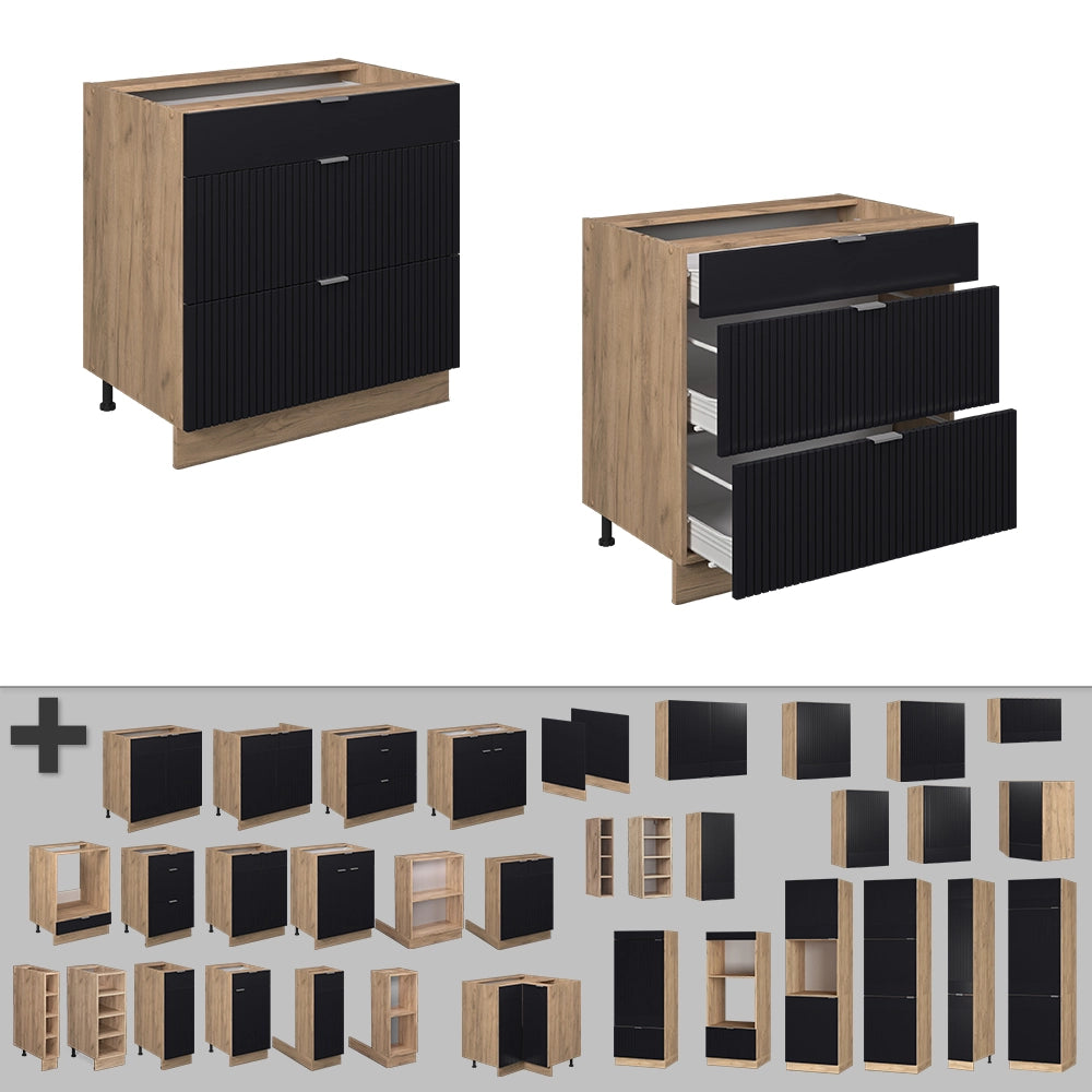 Vicco Mobiletto base per cucina Nero a righe 80 cm con 3 cassetti, PL Rovere
