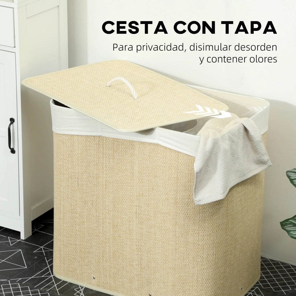 Cestino per Biancheria in Bamb¨´ con 3 Scomparti ¨C Zephmum ¨C 60x40x60 cm Crema