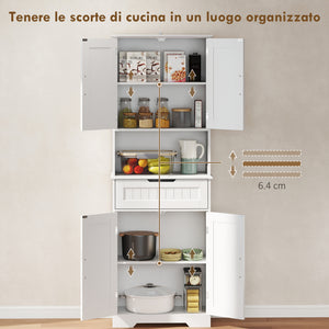 Credenza Cucina 60x30x172 cm con 2 Armadietti Cassetto e Piano Centrale con Passacavi in MDF Bianco