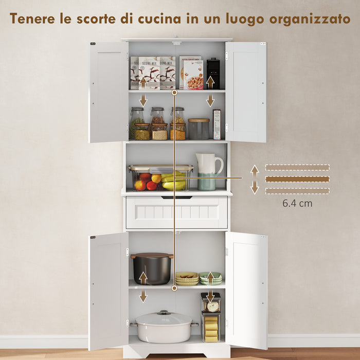 Credenza Cucina 60x30x172 cm con 2 Armadietti Cassetto e Piano Centrale con Passacavi in MDF Bianco