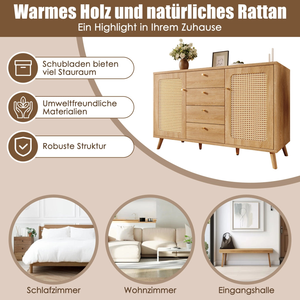 CREDENZA 140x40x86 cm Rovere Chiaro Effetto Rattan 4 Cassetti 2 Ante