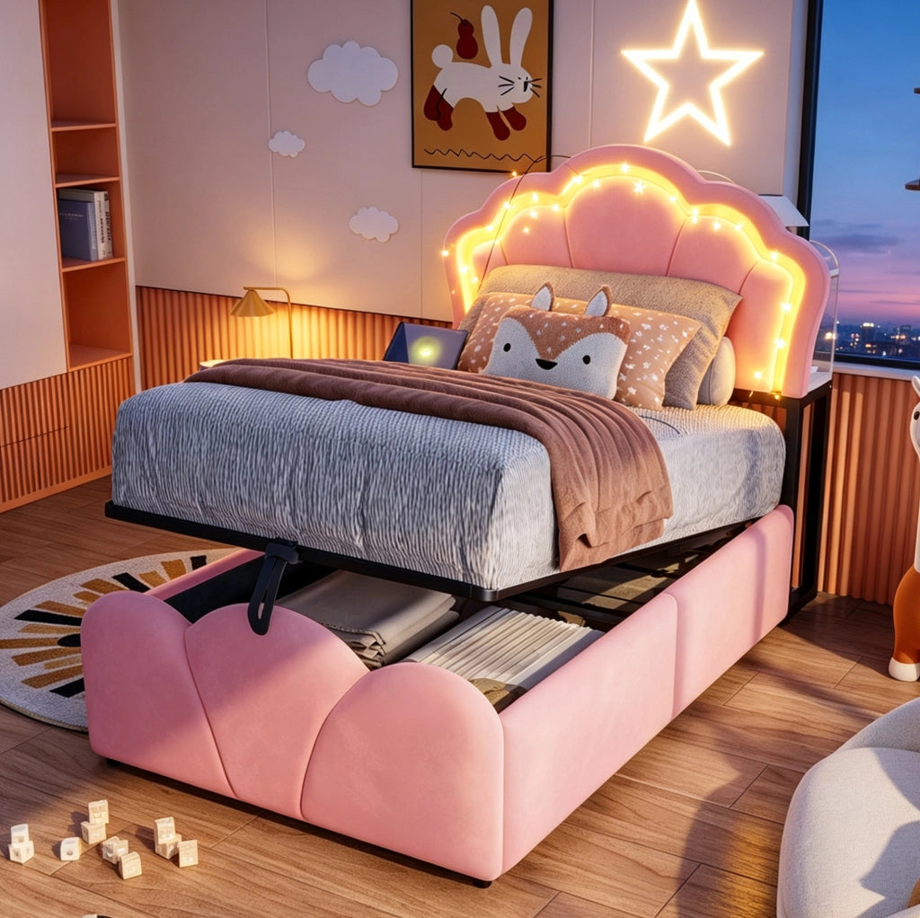Letto imbottito 90x200 cm in velluto rosa con contenitore idraulico; LED e prese integrate