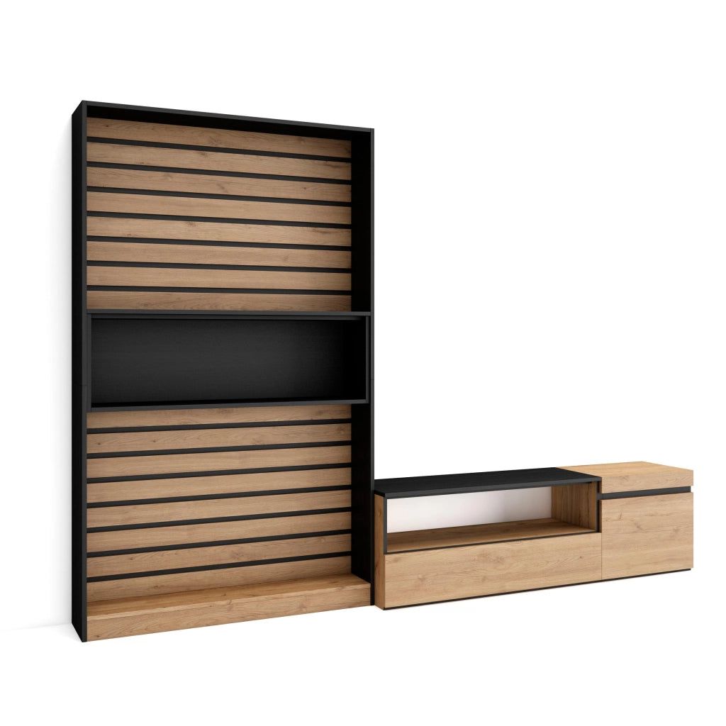 Mobile TV, Soggiorno, 260x35x186cm, Per TV fino a 65", Set di mobili, colore Rovere e nero RF2531
