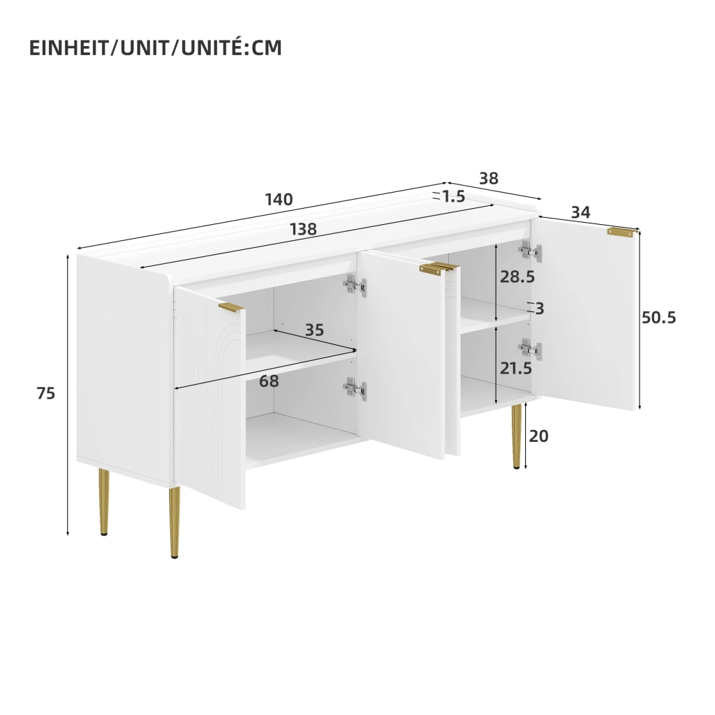 Credenza con 4 Ante e Ripiani Regolabili; Stile Lusso Moderno; in MDF; 140??38??75 cm; Bianco