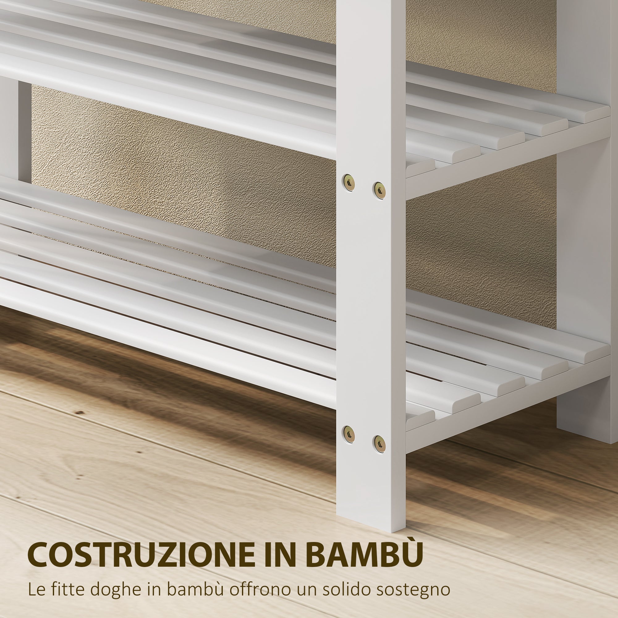 Panca Scarpiera Bassa 70x28x45 cm con 2 Ripiani a Doghe e Seduta in Bambù Bianco