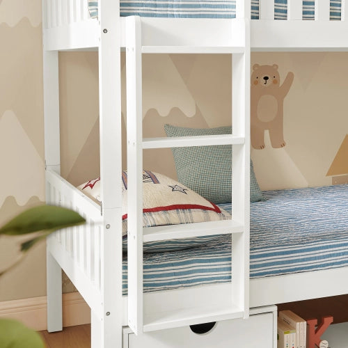 Letto bambini in legno di pino 90x200; scomponibile in 2 letti; sponde; cassetti; scala; bianco
