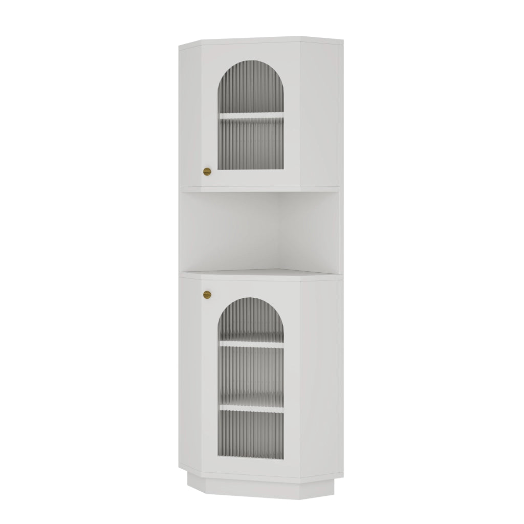 Armadietto da bagno angolare con luce e vani aperti, ripiani regolabili, in MDF bianco, 45 × 45 × 166,5 cm
