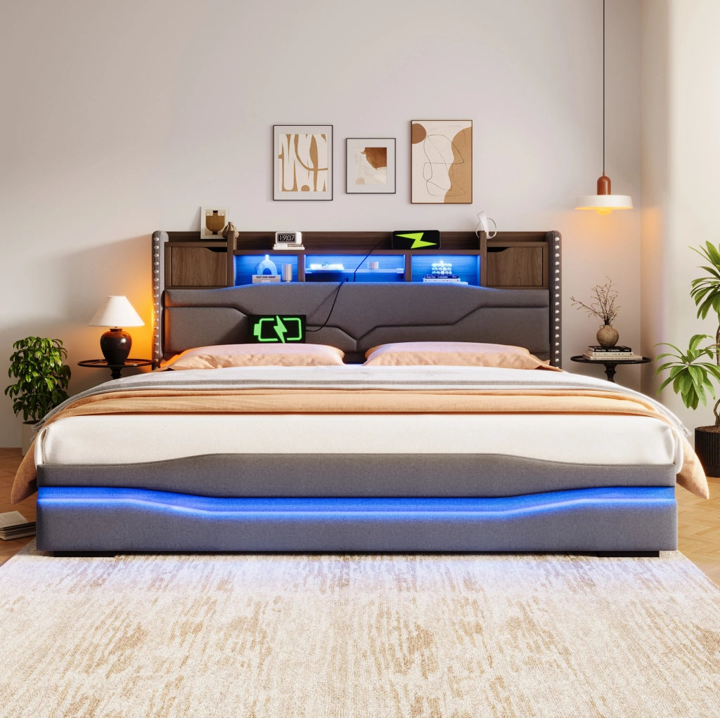 Letto imbottito 180×200 cm grigio con vano idraulico, LED e ricarica USB-C