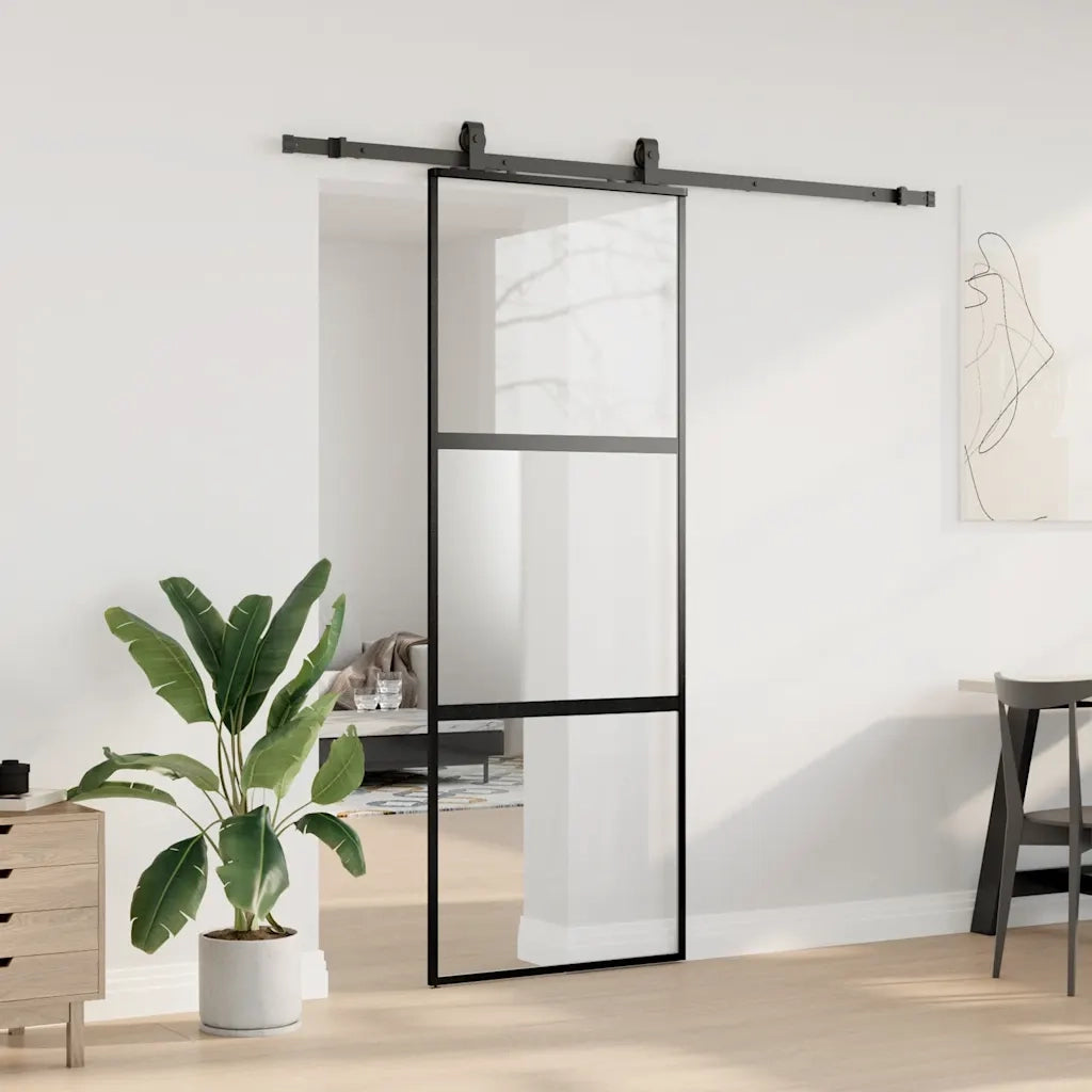 Porta Scorrevole Set Ferramenta Nera 76x205 cm Vetro Temperato 3375877