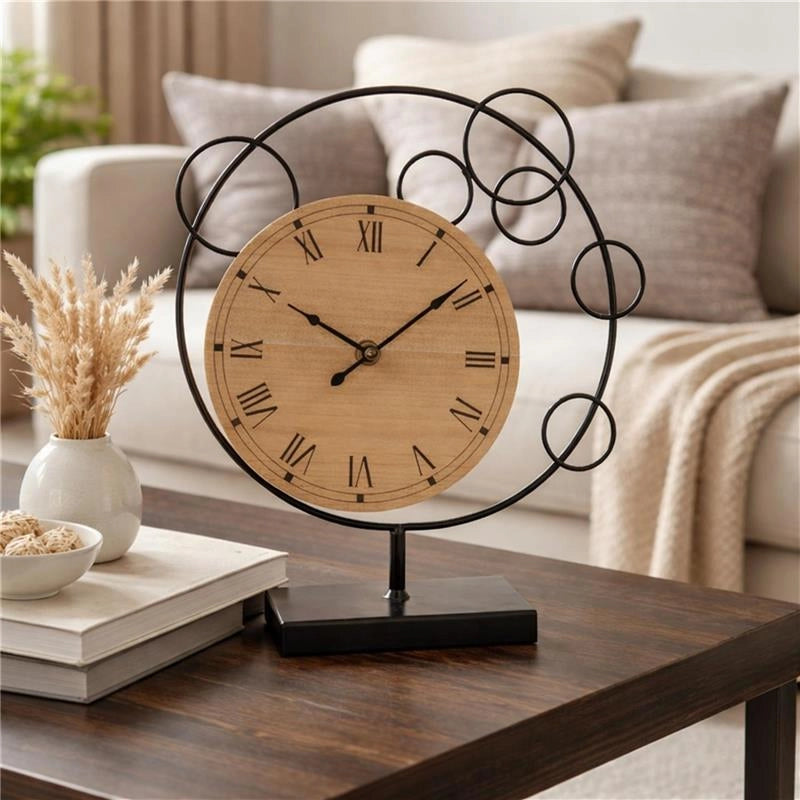 OROLOGIO DA TAVOLO CON QUADRANTE IN LEGNO 24X7X27CM STRUTTURA IN METALLO DI COLORE NERO