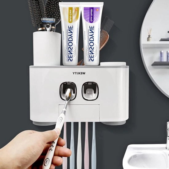 Sostegno per spazzola da denti - Sostegno da muro per spazzola da denti con dispenser - per bambini adulti - dispenser automatico di pasta da denti - fessure per spazzole da denti - tazze - senza perforazione