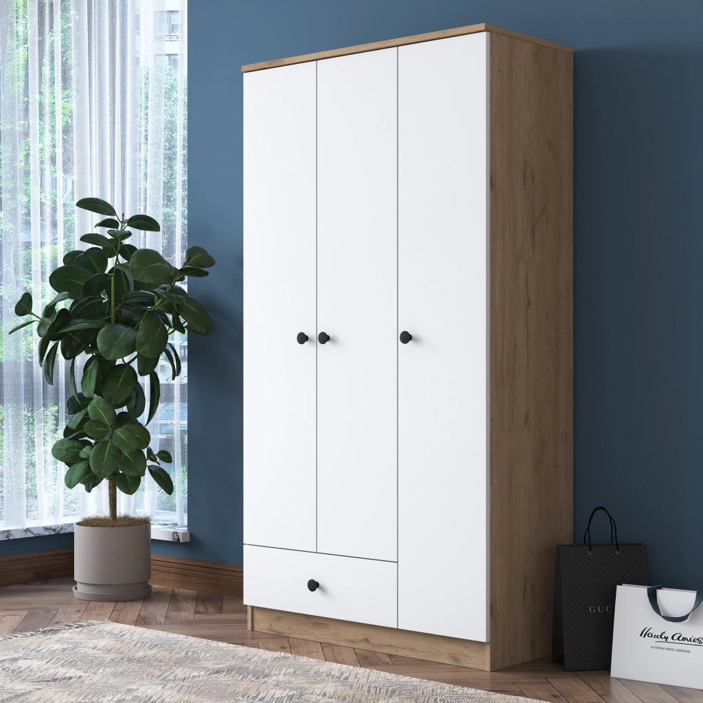 Armadio Camera da Letto Infine, Guardaroba 3 Ante Appendiabiti, 90x43 cm Marrone Rovere