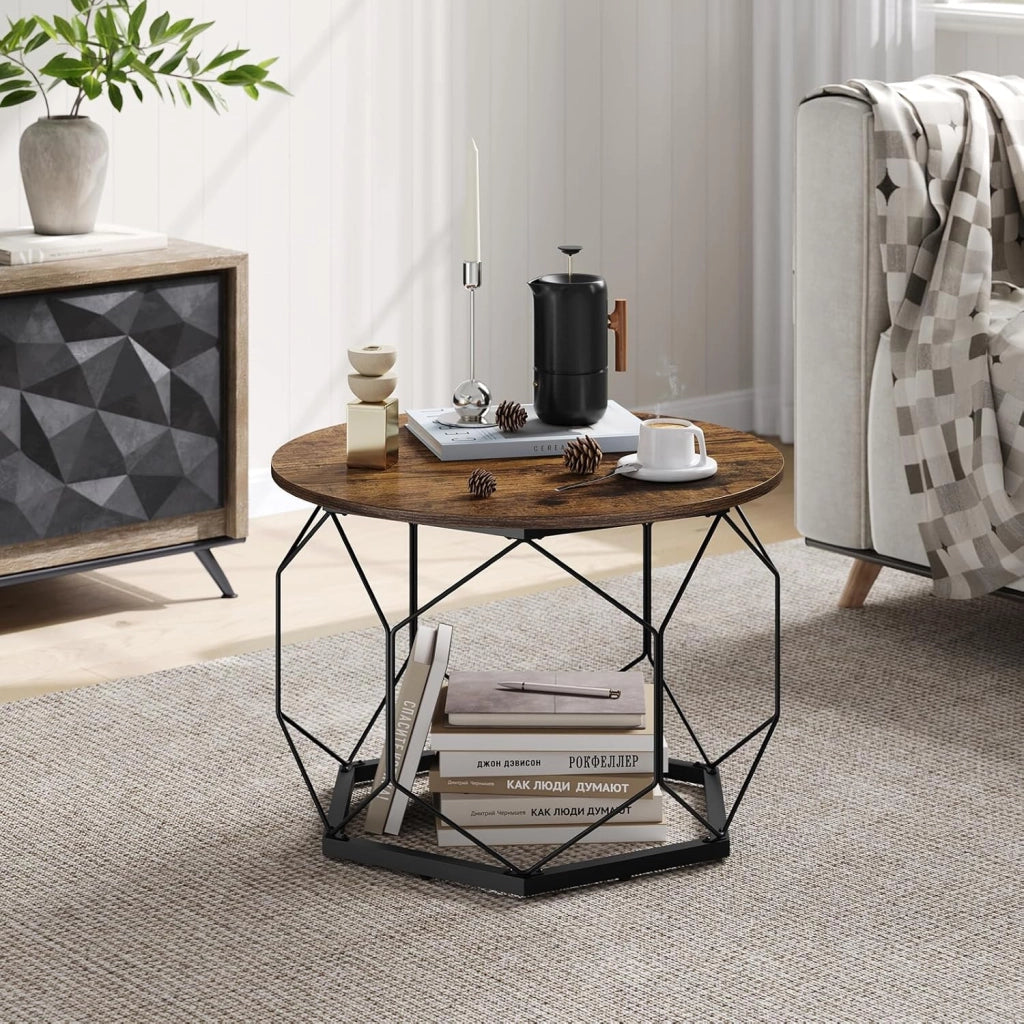 Tavolino da Salotto Rotondo, Tavolino da Caffè con Struttura in Metallo per Soggiorno, Balcone, Divano e Letto, Marrone Rustico+Nero, BTS27vbn