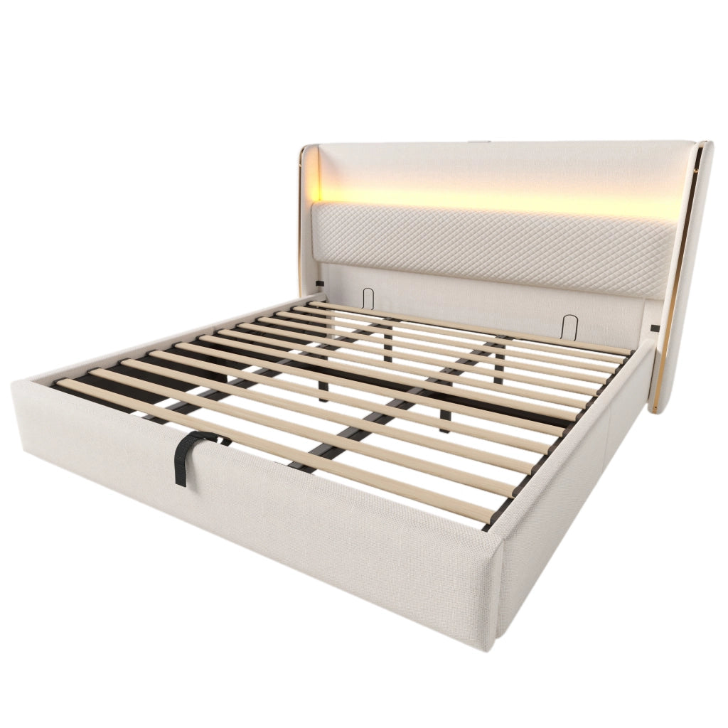 OKWISH Letto contenitore 90×200 cm, Letto Singolo con LED Regolabile, USB, Tipo C e Testiera Alta, senza Materasso, in Lino, Beige