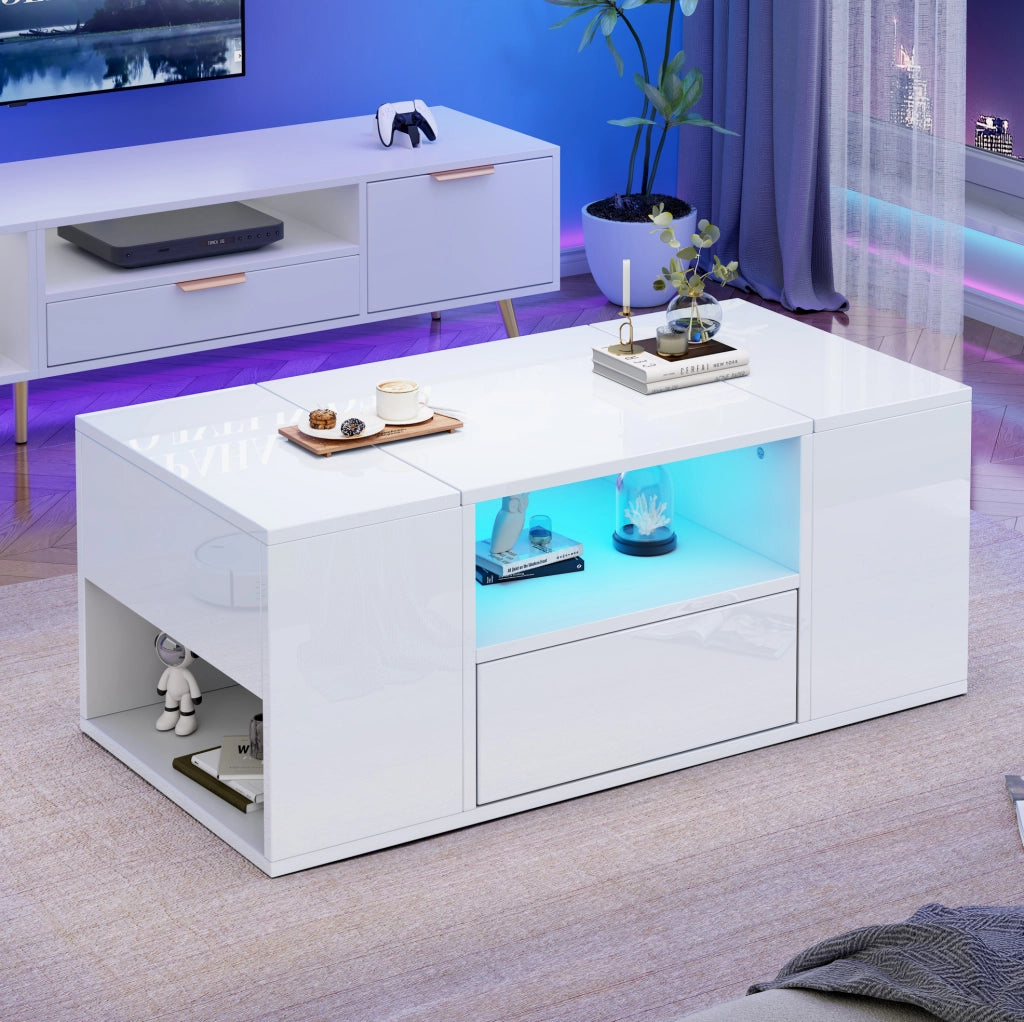 Tavolino da caffè 100 x 50 x 40 cm con LED; 1 cassetto e vani contenitore; bianco lucido